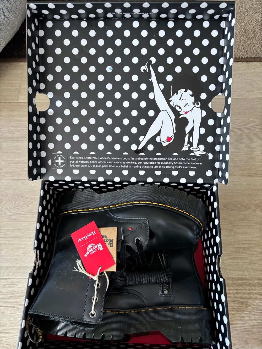 Dr. Martens Betty Boop Black Leather Lace-Up Boots with Red Accent
